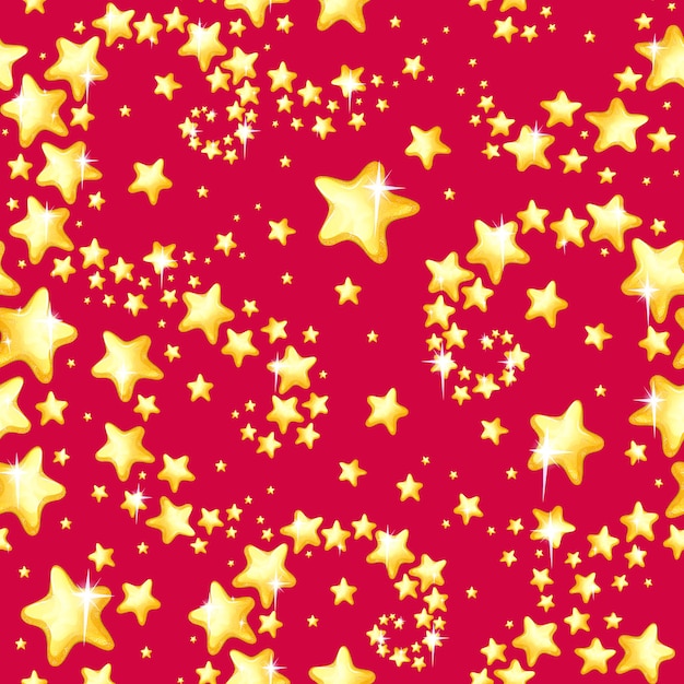 Bright seamless vector pattern for the holiday with yellow shiny stars on a red background.