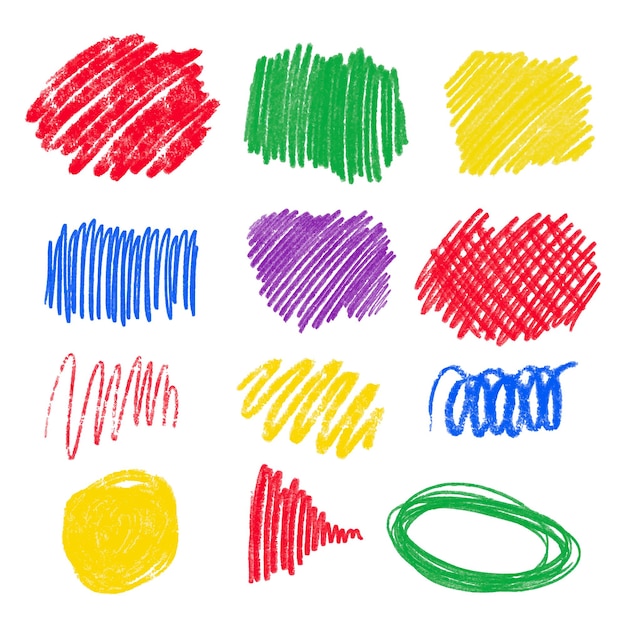 Bright set of hand drawn colored pencil wax crayon scribbles on white background