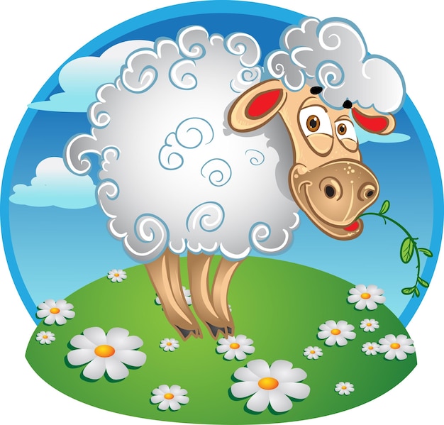 Bright sheep with blade of grass on color background