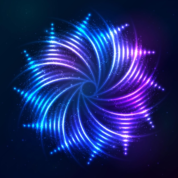 Vector bright shining blue neon spiral at dark cosmic background