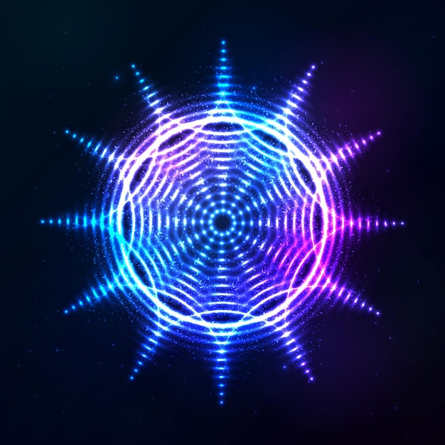 Vector bright shining blue neon sun at dark cosmic background