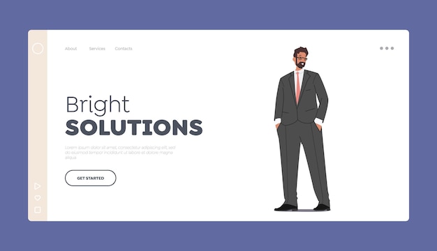 Bright Solutions Landing Page Template Male Character in Formal Suit Business Man Wear Grey Blazer and Trousers