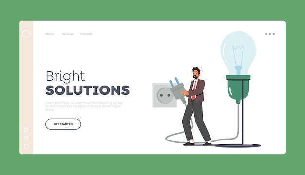 Vector bright solutions landing page template male character switch on plug into socket for huge light bulb creative idea