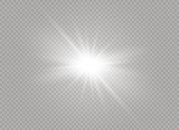 Bright Star. Transparent shining sun, bright flash. White glowing light explodes on a transparent background.