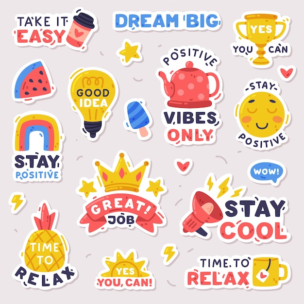 Bright stickers design with positive saying vector set