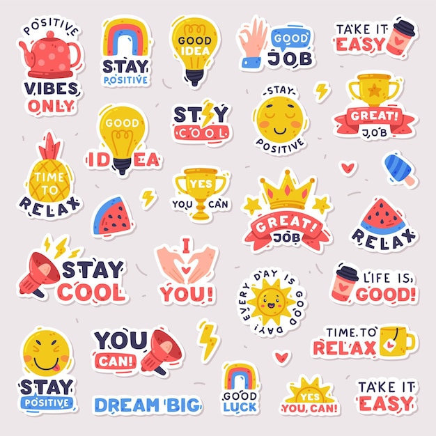 Bright stickers design with positive saying vector set