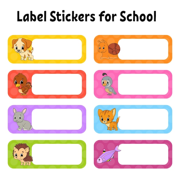 Bright stickers School name label Rectangular label Color vector isolated illustration