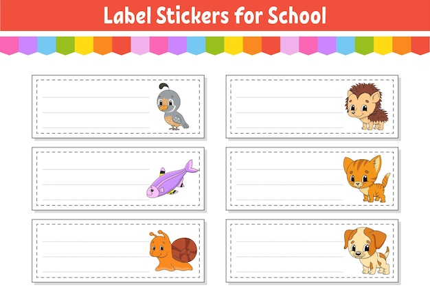 Bright stickers School name label Rectangular label Color vector isolated illustration