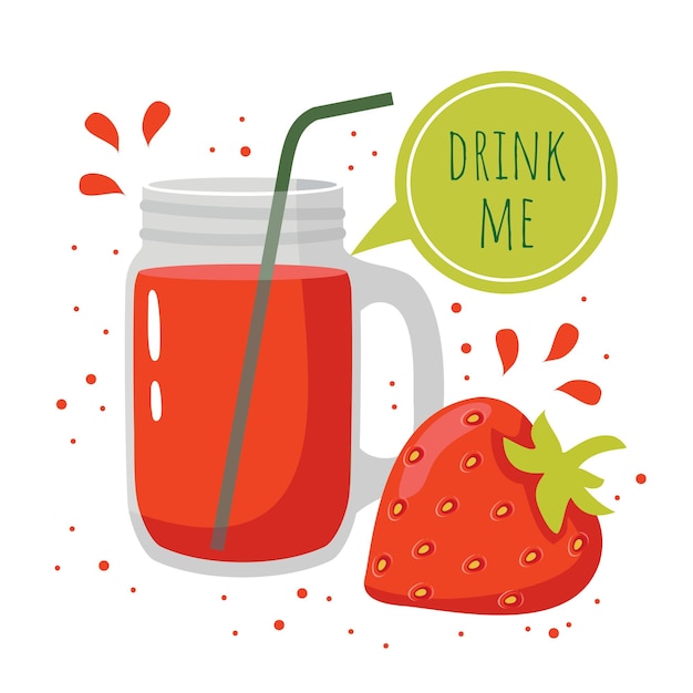 Bright strawberry smoothie in a jar the words DRINK ME Vector on a white background