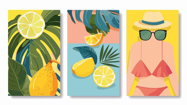 Vector bright summer cards and posters with lemon vector set