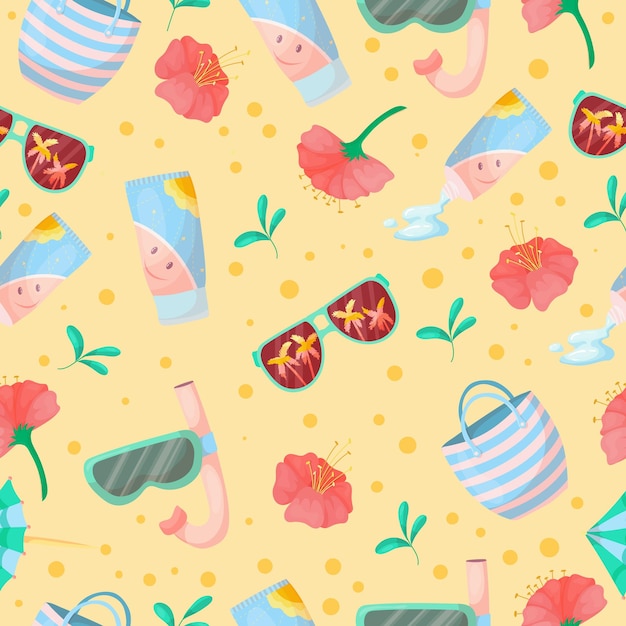 Vector bright summer pattern from different items vacation items by the sea summer weekend seamless pattern of summer accessories