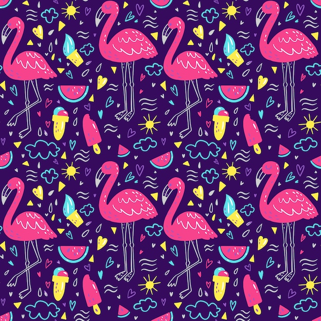 Bright summer pattern with flamingo, hearts, ice-cream, watermelon, cloud 