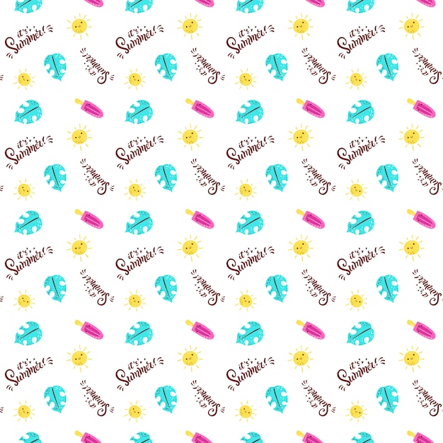 Bright summer pattern with watermelon, pineapple, monstera, starfish and lettering Summer. 