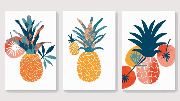 Vector bright summer pineapple vector card set