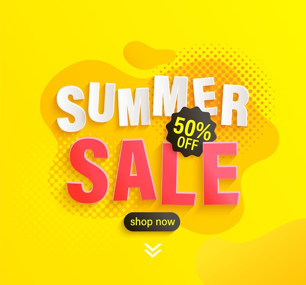 Bright summer sale flyer with geometric fluid and halftone for fashion retail with shopping invitation offer. Yellow banner with discount. Template for clearance cards,web, design.Vector illustration.