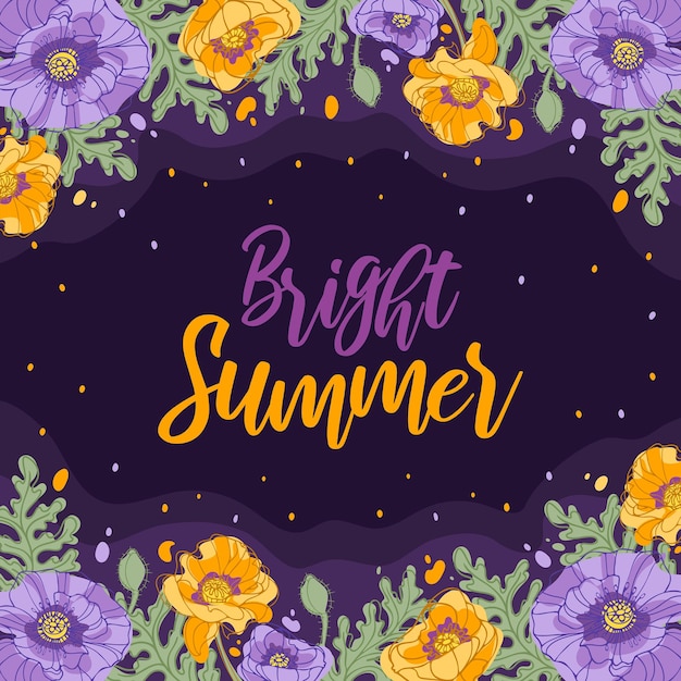 Bright summer square banner Delicate buds of flowering poppies In yellowviolet tones on a dark contrasting background Botanical illustration for background cards website posters flyers