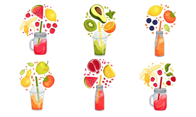 Vector bright sweet smoothies in jars with straw sticked out from it and floating around ingredients vector