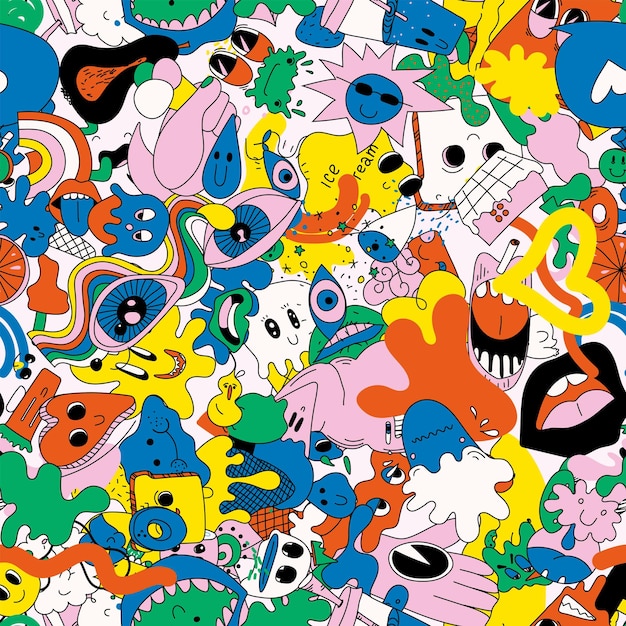 Bright themed vector seamless pattern of hilarious abstract characters