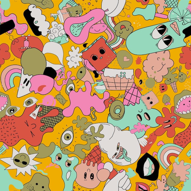 Bright themed vector seamless pattern of hilarious abstract characters