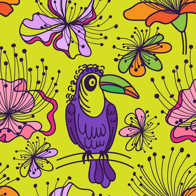 A bright Toucan sits on a branch among tropical gardens Colorful seamless pattern