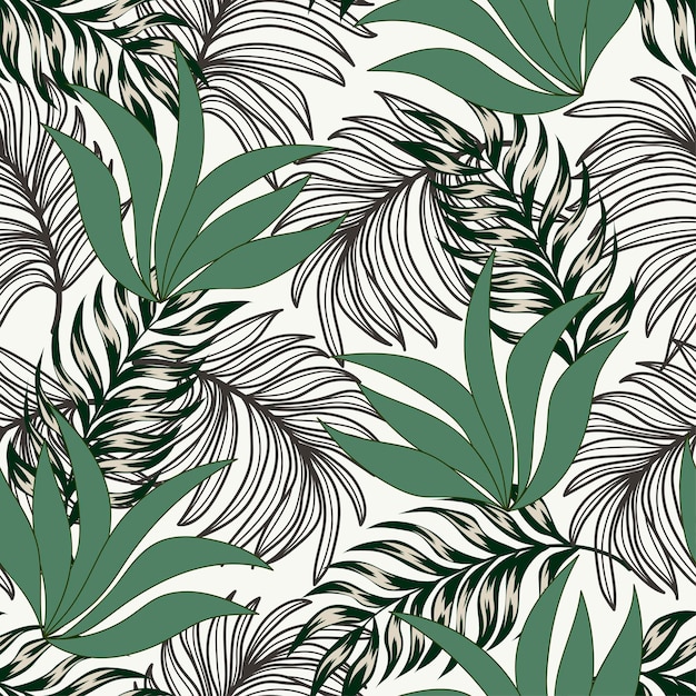 Bright tropical seamless pattern with trendy tropical plants and leaves on a light background