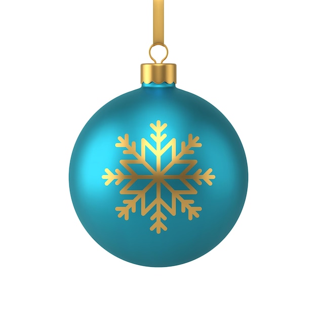 Bright turquoise hanged Christmas tree toy ball with golden snowflake realistic 3d icon vector