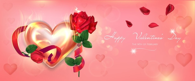 Bright Valentine's Day banner with glowing heart and roses