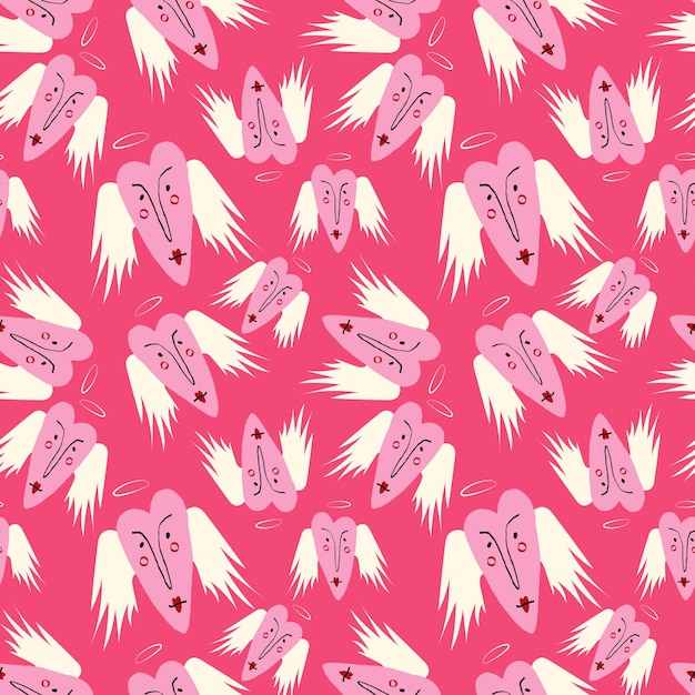 Bright Valentines Day seamless pattern with cool angels hearts