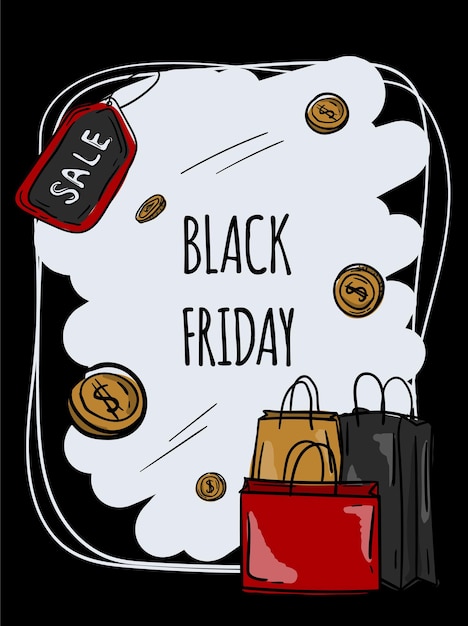 Bright vector illustration for Black Friday Postcard banner hand drawn on a black background