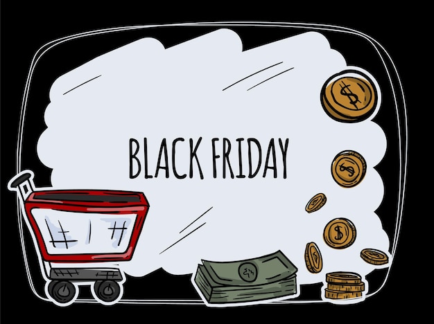 Bright vector illustration for Black Friday Postcard banner hand drawn on a black background