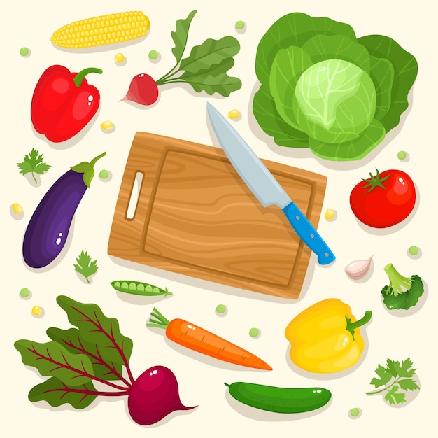 Bright vector illustration of colorful cutting board knife and vegetables Cooking card poster