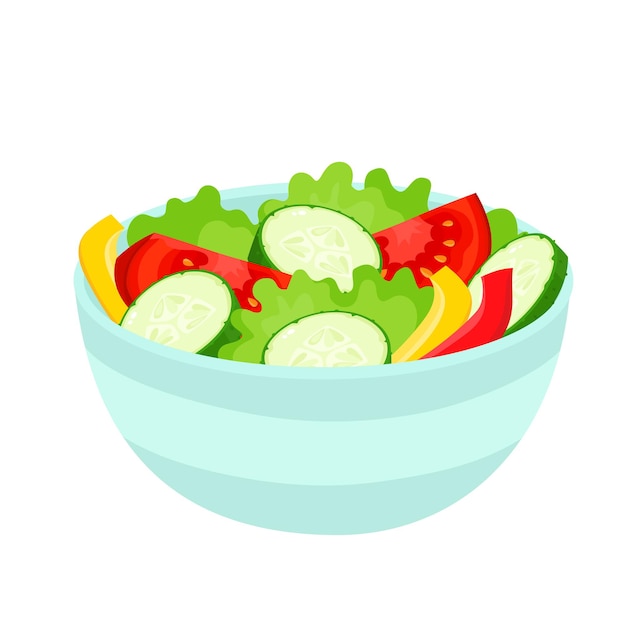 Bright vector illustration of colorful salad bowl. Cartoon organic vegetable and salad isolated on white background used for magazine, book, poster, card, menu cover, web pages.