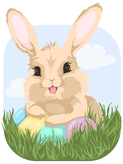 Bright vector illustration for Easter card with cute smiling bunny sitting in the grass and eggs