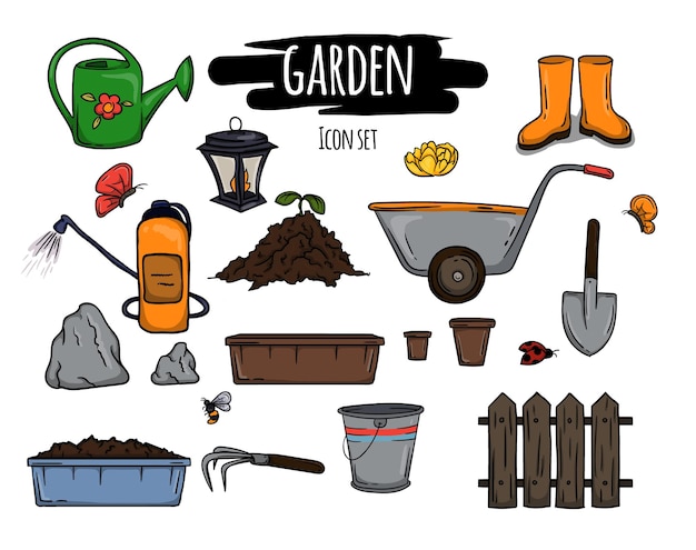 Vector bright vector illustration of items for the garden and vegetable garden set of icons of tools