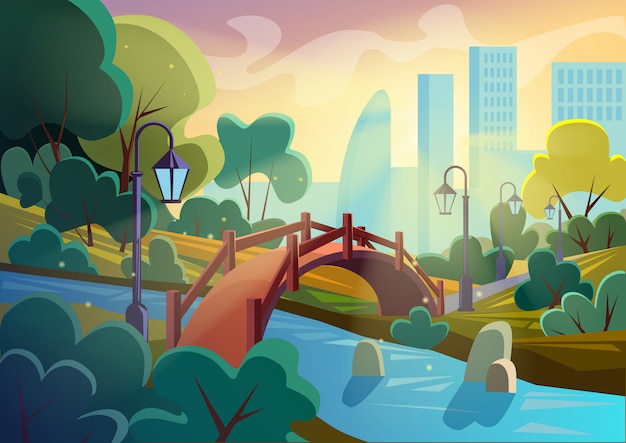 Bright vector image of summer autumn cartoon park with bridge across small river in sparkles with city on background. Game smooth design.