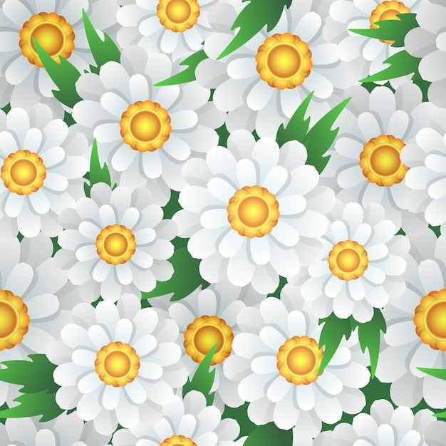 Bright vector pattern with white chamomile and green leaves closeup