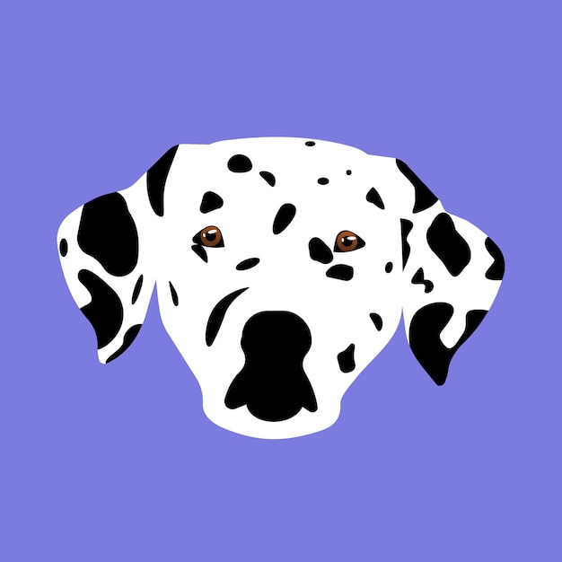 Bright vector print head of a Dalmatian dog with black spots on a blue background