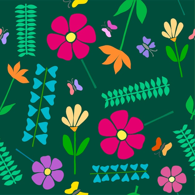 Bright vector seamless pattern of flowers and butterflies