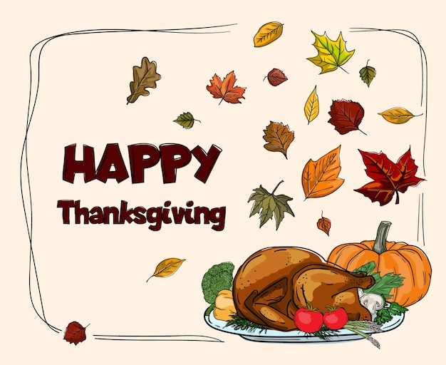 Vector bright vector thanksgiving card with turkey vegetables and autumn leaves