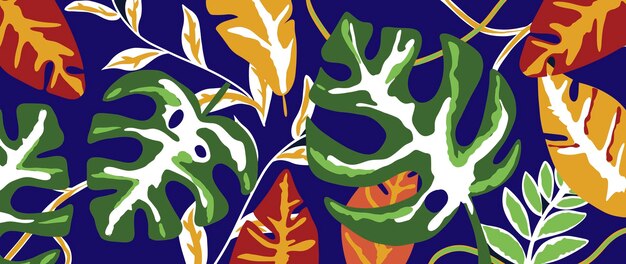 Vector bright vector tropical illustration with monstera leaves palm leaves on a blue background for wallpaper design decor