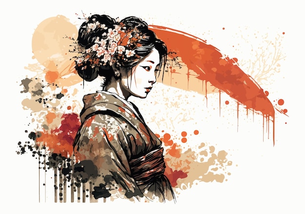 Vector bright watercolor geisha illustration made on the basis of ai generation vector paint fashion creativity asia art kimono beauty flowers young portrait creativity concept illustration