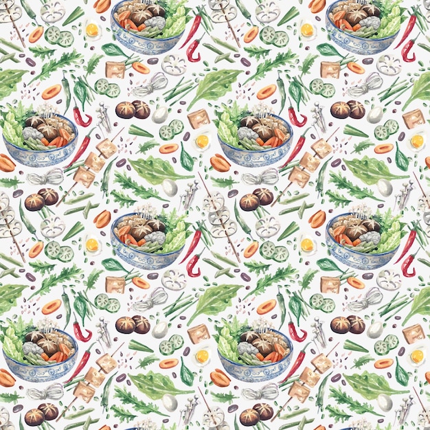 Bright, watercolor seamless pattern with traditional Asian food in handdraw style. Sukiyaki soup