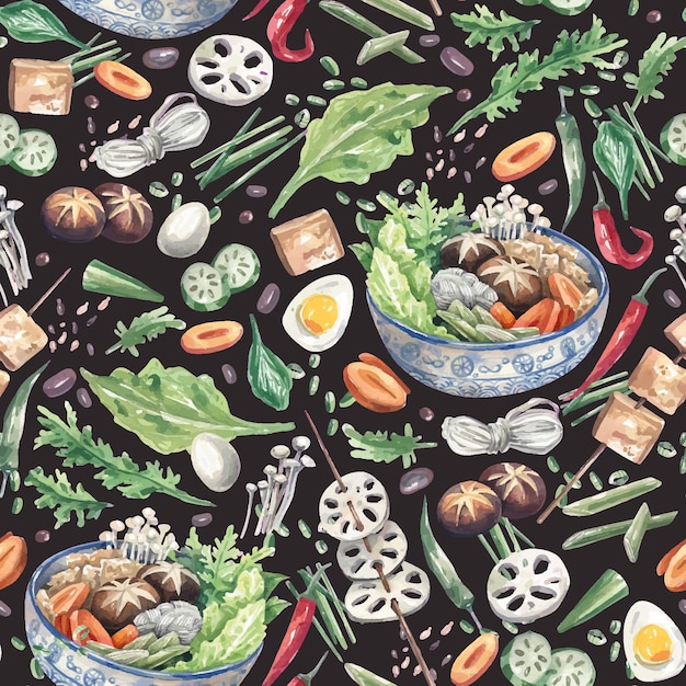 Bright, watercolor seamless pattern with traditional Asian food in handdraw style. Sukiyaki soup