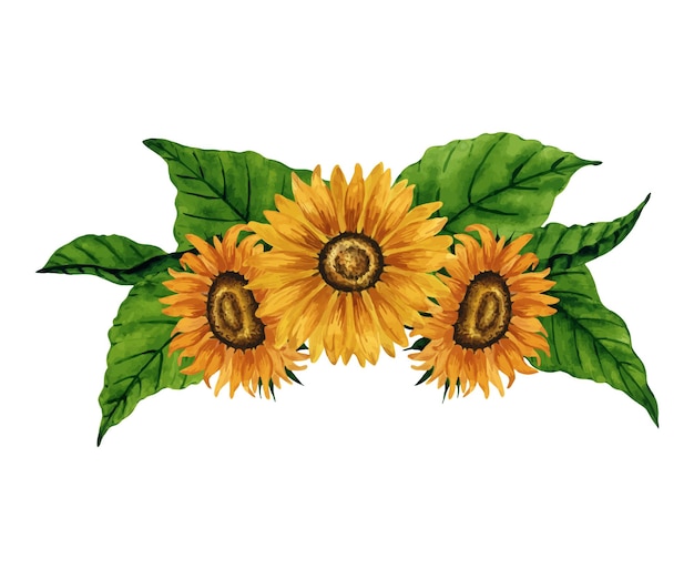 Bright watercolor sunflowers composition isolated on white background Hand drawn botanical illustration For postcard greeting logo background pattern