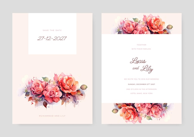 Bright wedding invitation template set with floral frame Premium Vector