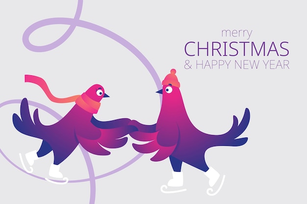 Bright Xmas horizontal web banner with funny pigeons. Text "Merry Christmas". Funny characters doves in skates. Pigeons are skating on the ice rink. Holiday vector illustration. Festive banner.