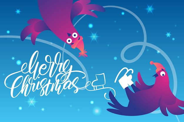 Bright Xmas web banner with funny pigeons Handwritten lettering Merry Christmas