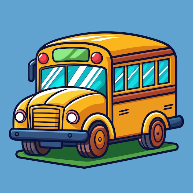 Bright Yellow Cartoon School Bus on the Road Cartoon Vector Illustration