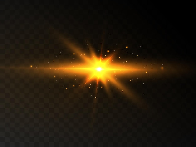 Bright yellow light effect The star flashed with sparkles with many particles Vector