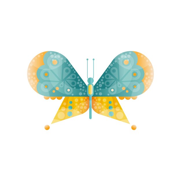 Brightly colored butterfly with two pairs of beautiful wings. Decorative element for postcard or notebook cover. Icon with gradients and texture. Flat vector illustration isolated on white background.